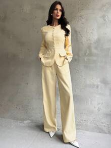 Firerie 女士纯色圆领长袖单排扣外套和阔腿裤优雅两件套/女士冬季服装/优雅派对两件套/优雅女士套装/复古风格套装/教师套装/办公套装/秋冬室内办公套装/天鹅黄两件套/套装/复古风格 - 鵝黃色 - 查看 6