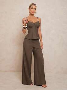 Lumalex Beaded Strap Decor Loose Women Top And Wide Leg Pants Suit Set - Brown - View 7