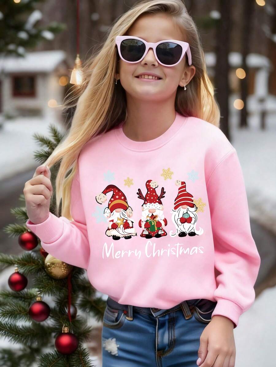 SHEIN Girls Merry Christmas Sweatshirt,Cute Light Pink Autumn Graphic Print,Warm Casual Fashion For Matching Family,Cartoon New Year Party Top - Pink - View 1