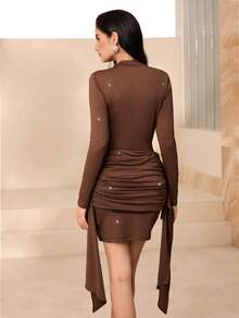 Modelyn Women's Autumn/Winter Fashionable High Neck Long Sleeve Draped Waist Elegant Brown Dress - Brown - View 2