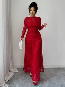 Elenzga Women's Autumn/Winter Lace Ruched Bodycon Dress, Versatile For Outings, Date Nights, Theme Parties, Celebrations - Red - View 5