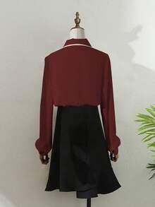 Franclia 优雅修身翻领褶裥前襟纽扣长袖卡其色女式衬衫，春秋季