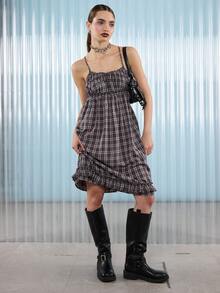 COUREZ 中长款褶皱连衣裙 / Y2K 风格外出穿搭 秋季女装 秋装 可爱冬季性感婚礼宾客礼服 约会穿搭 - 棕色 - 查看 4