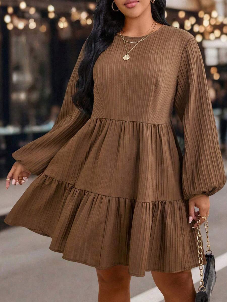 EMERY ROSE Robe mini plissée unie décontractée pour femmes grandes tailles, robe en tissu texturé, convient pour le printemps/automne - Tabac - Voir 1