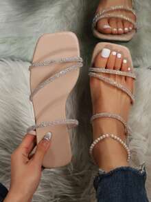 Sandalia para mujer tiras brillantes diseño glamuroso punta cuadrada sin cordón estilo elegante fiesta verano sandalia plana - Rosa Pálido - Ver 1