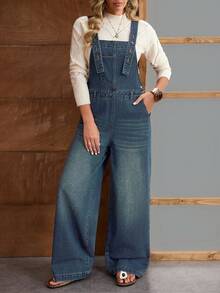 EMERY ROSE 女士宽松口袋阔腿休闲牛仔连体裤 - 藍色 - 查看 4