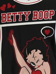 Betty Boop x SHEIN تي شيرت كاجوال مقاس كبير بتصميم كتل لونية ورسومات حروف وصور شخصية، رقبة دائرية وأكمام قصيرة، تي شيرت صيفي بطراز ريترو - أبيض - مشاهدة 5