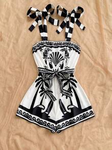 Soleia Roupa casual, de férias, ocidental, de convidado de casamento na praia, formatura, brunch, Dia de São Patrício, férias de primavera, Páscoa, festival de música, Elegante Boho Tropical Azul e Branco Floral Macaquinho com Alça, Adequado para Primavera/Verão - Multicolorido - Visão 4