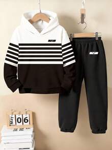 2pcs/Set Young BoyCasual Stylish Creative Graphic Striped Patchwork Hoodie And Sweatpants Outfit, Comfortable Cozy Fall & Winter Styles - Multicolor - View 3