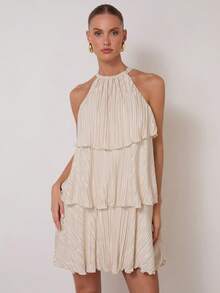 COSMINA Women's Cream Color Multi-Layer Ruffle Neck Short Autumn Winter Sexy Elegant Occasion Party Evening Christmas NYE Thanksgiving Dress - Apricot - View 3
