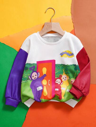 Teletubbies X SHEIN Söt tecknad film och bokstäver med färgblock för ung pojke, lös passform, vardagskläder