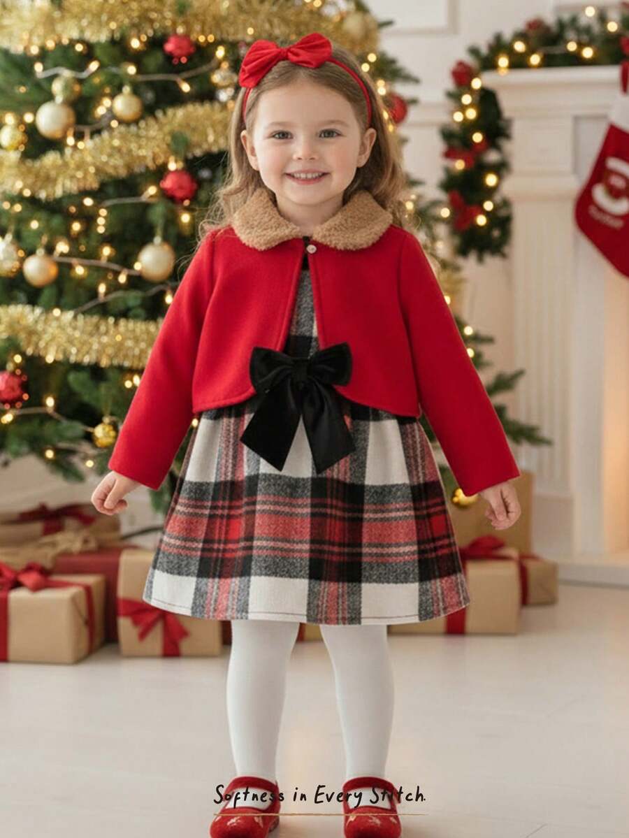 Cozy Pixies 2pcs Baby Girl Christmas New Year Red Plaid Contrast Bow Decor Sleeveless Waist Dress & Long Sleeve Fur Collar Cardigan Set