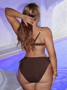 Swim SXY Plus Size 2pcs Swimsuit Set, Minimalist Design For Daily Wear, Women Summer Beach Vacation - Brown - View 2