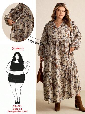SHEIN CURVE+ Plusstorlek damklänning med böljande och bekväm passform, blommig långärmad, v-ringad, vardagliga ytterkläder, lärarklädsel, höst/vinter