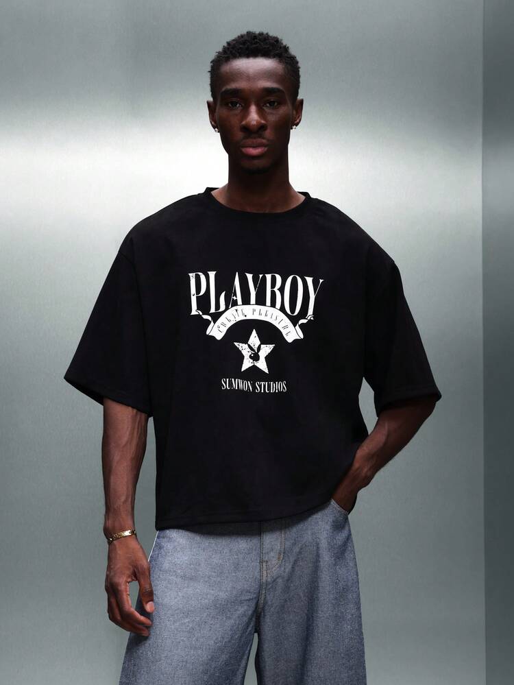PLAYBOY X SUMWON Boxy Fit Crew Neck Short Sleeve Printed Vintage Casual Comfort Oversized Summer Spring Fall Everyday Wear