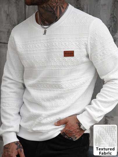 Manfinity CasualCool Men's Jacquard Knit Comfortable Fabric Long Sleeve Crew Neck Sweatshirt, Men's Casual Vacation Party Dining Home Office Versatile Style, Best Gift For Boyfriend Or Husband Men Tops Long Sleeve Men Long Sleeve Men Knit Tops Jumper For Men