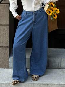 Dazy Plus 大码女式休闲通勤中度水洗宽松直筒优雅长款牛仔裤