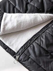 SHEIN CURVE+ Plus Size Women Hooded Thickened Fleece Jacket, Sherpa Lining, Winter Coat - Black and White - View 7