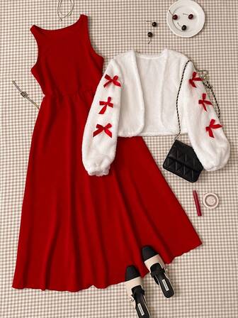 2pcs/Set Teen GirlCasual Elegant Fuzzy Camisole Dress, Versatile For Outdoor & Daily Wear