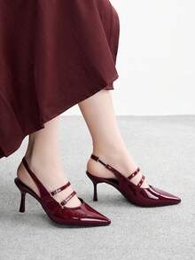 CUCCOO BIZCHIC 女士尖头细高跟酒红色后系带浅口鞋，露跟高跟鞋，适合户外、通勤、派对、宴会、办公室穿着 - 酒紅色 - 查看 3
