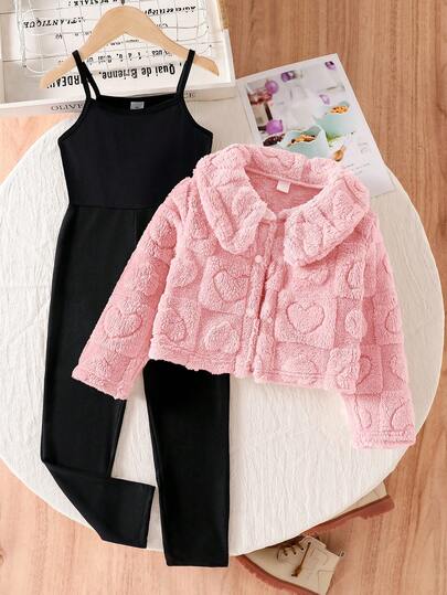 Genkimix Kids 年轻女孩 2 件套可爱休闲连体衣搭配粉色衬衫上衣和蓬松保暖开衫，适合秋冬季
