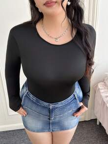 CovetEZ 大码纯色长袖紧身衣 - 黑色 - 查看 7