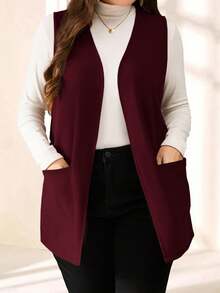 SHEIN PETITE CURVE Plus Size Solid Color Sleeveless Loose Pocket Simple Casual Coat,Spring/Summer,Vacation In Fall/Winter - Burgundy - View 5