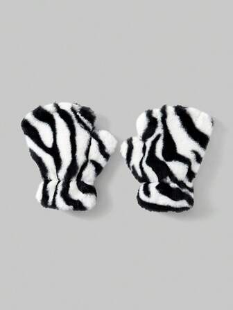 Goth 1 Pair Black Y2K Retro Fuzzy Zebra Print Fingerless Gloves, Minimalist Fashion Accessory Suitable For Daily Wear, Parties, Gatherings, Autumn/Winter, Unisex