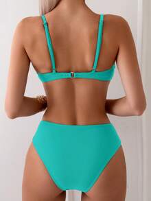 Swim Basics Women's Summer Beach Solid Color Ruched Sexy Bikini Set - Mint Green - View 3