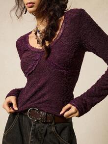 SoleilVie Women's Dark Purple Vintage Elegant Lace Top,Autumn Long-Sleeved Round Neck Jacquard Slim-Fit T-Shirt,Retro Patchwork Date Top For Christmas Holiday - Purple - View 4