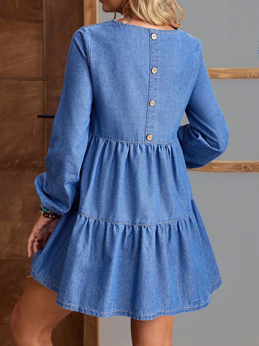 EMERY ROSE Women's Round Neck Lantern Sleeve Casual Denim Dress With Button Back Design And Ruffle Hem - Blue - View 1