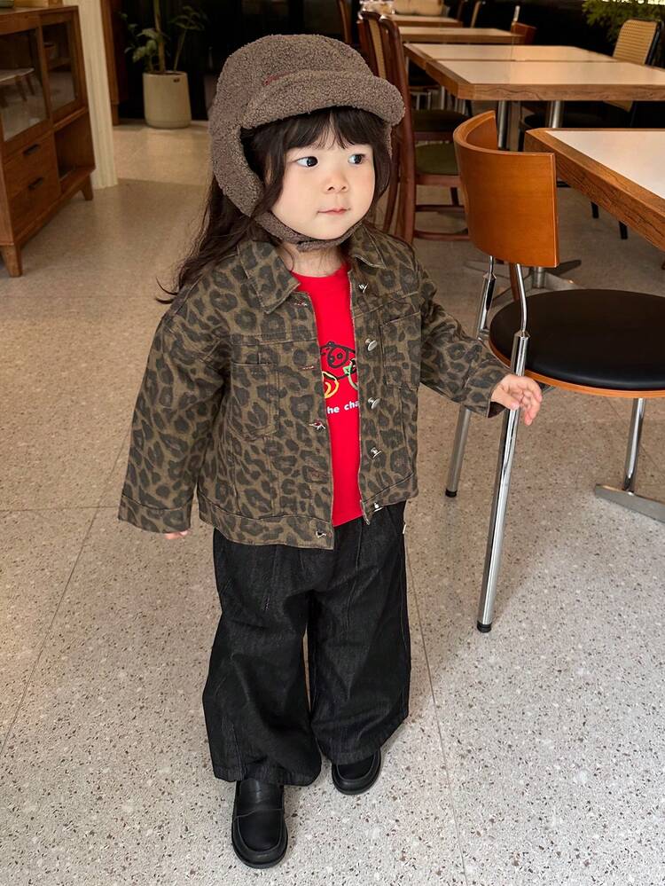 Toddler Girls' Denim Washed Leopard Print Denim Long Sleeve Jacket