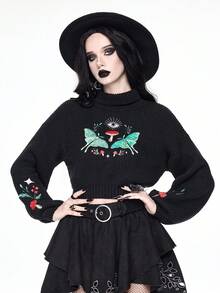 ROMWE Gothic Style Mushroom & Crescent Moon Embroidered Women Sweater - Black - View 6