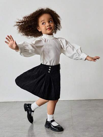 Maija Kids Young Girl Black Corduroy Decorative Button Pleated Skirt