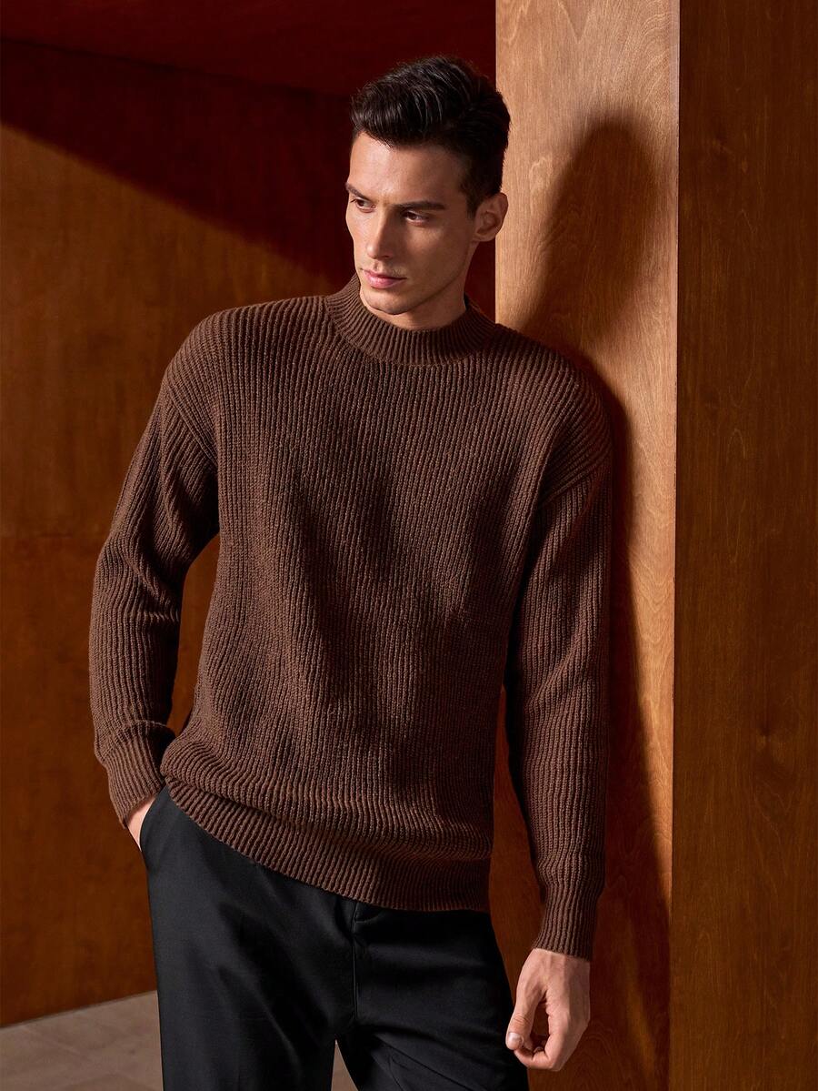 Officeau 男士轻薄毛衣，时尚休闲针织套头衫，适合初秋穿着，复古风格 - 摩卡棕 - 查看 1