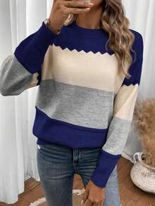 EMERY ROSE Áo len chui đầu cổ tròn họa tiết sóng khối màu cỡ lớn, dự tiệc, lễ hội âm nhạc, mặc ở nhà, sự kiện trở lại trường, làm quà tặng và mua sắm. Váy mùa đông cho nữ, quần áo mùa thu dáng cong, áo kiểu đồng quê, áo cơ bản - Nhiều màu - Xem 1