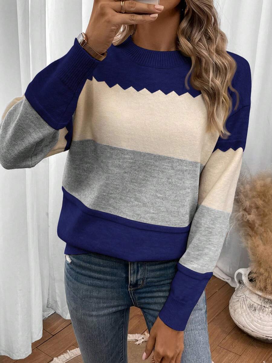 EMERY ROSE Áo len chui đầu cổ tròn họa tiết sóng khối màu cỡ lớn, dự tiệc, lễ hội âm nhạc, mặc ở nhà, sự kiện trở lại trường, làm quà tặng và mua sắm. Váy mùa đông cho nữ, quần áo mùa thu dáng cong, áo kiểu đồng quê, áo cơ bản - Nhiều màu - Xem 1