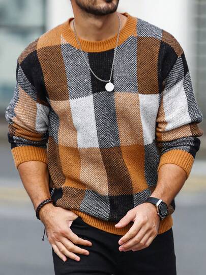 Manfinity Mode Men's Plaid Round Neck Knit Sweater, Fall/Winter, Long Sleeve Top
