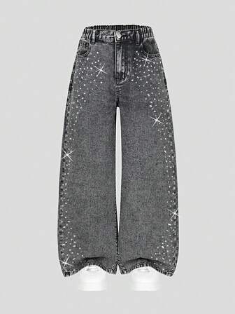 少女灰色Y2K风格宽松破洞水钻装饰阔腿舒适棉质牛仔裤，适合日常穿着、上学和通勤。