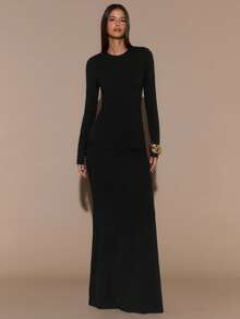 SHEIN BAE 纯棕色长袖性感露背修身优雅超长鱼尾连衣裙，优雅连衣裙，秋冬季超长针织连衣裙 - 黑色 - 查看 2