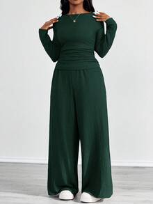 SHEIN PETITE CURVE 2pcs Plus Size Textured Brown Pleated Long Sleeve Top And Pockets Pants Set/Winter - Green - View 3