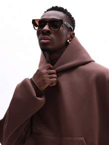 SUMWON Regular Oversized Hoodie With Centre Pocket And Drawstring Hood For Casual Streetwear Plain - Brown - View 3