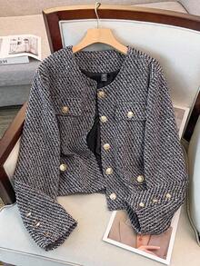 Regalyn Plus Size Women's Fashionable Commuter Daily Versatile High-End Gray Tweed Short Jacket, Elegant Style, Autumn/Winter Fall