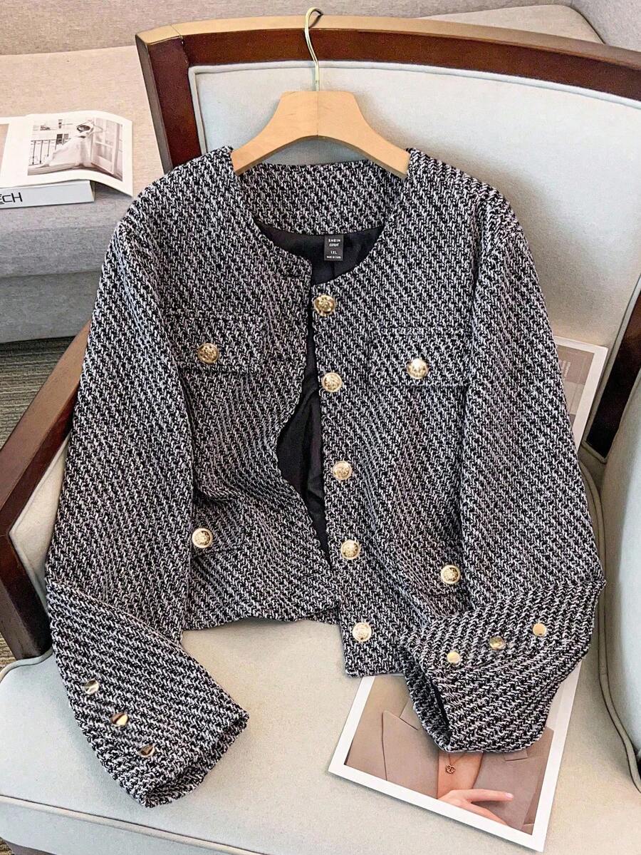 Regalyn Plus Size Women's Fashionable Commuter Daily Versatile High-End Gray Tweed Short Jacket, Elegant Style, Autumn/Winter Fall