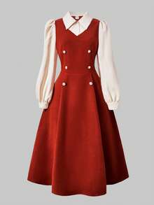 Sparklyn 少女优雅梭织长袖有领衬衫休闲二合一拼布连衣裙 - 棕色 - 查看 5