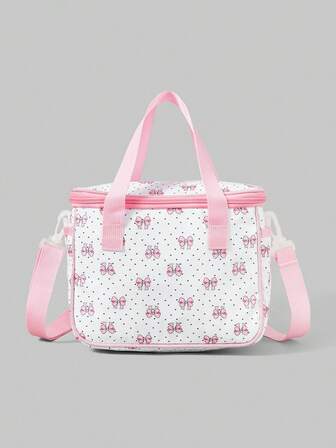 Kawaii 1 pieza Bolsa térmica de almuerzo portátil y linda con decoración de lazo a lunares rosados de gran capacidad