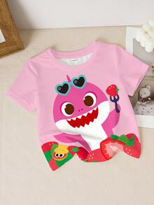 BABY SHARK X SHEIN Baby Girl Cute Cartoon Shark Print Round Neck Short Sleeve Top, Summer