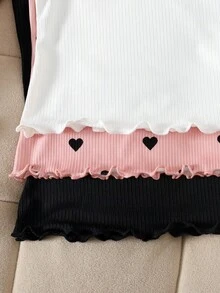 SHEIN 3件套女童罗纹立领长袖修身T恤，可爱爱心印花休闲百搭上衣，居家日常穿着皆宜，黑/白/杏色，秋冬款 - 彩色 - 查看 8