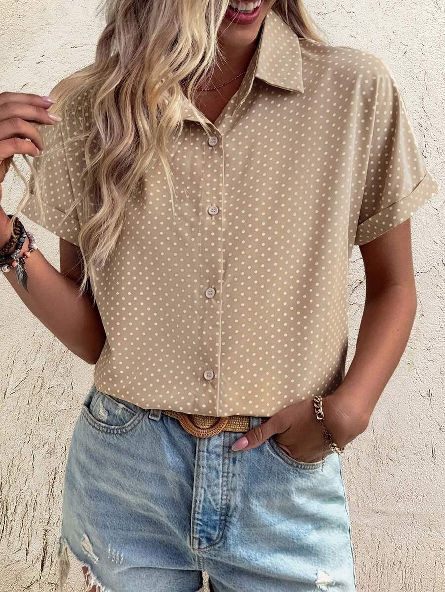 SHEIN LUNE 波点印花度假休闲风 - 现代休闲衬衫 - 杏色 - 查看 1