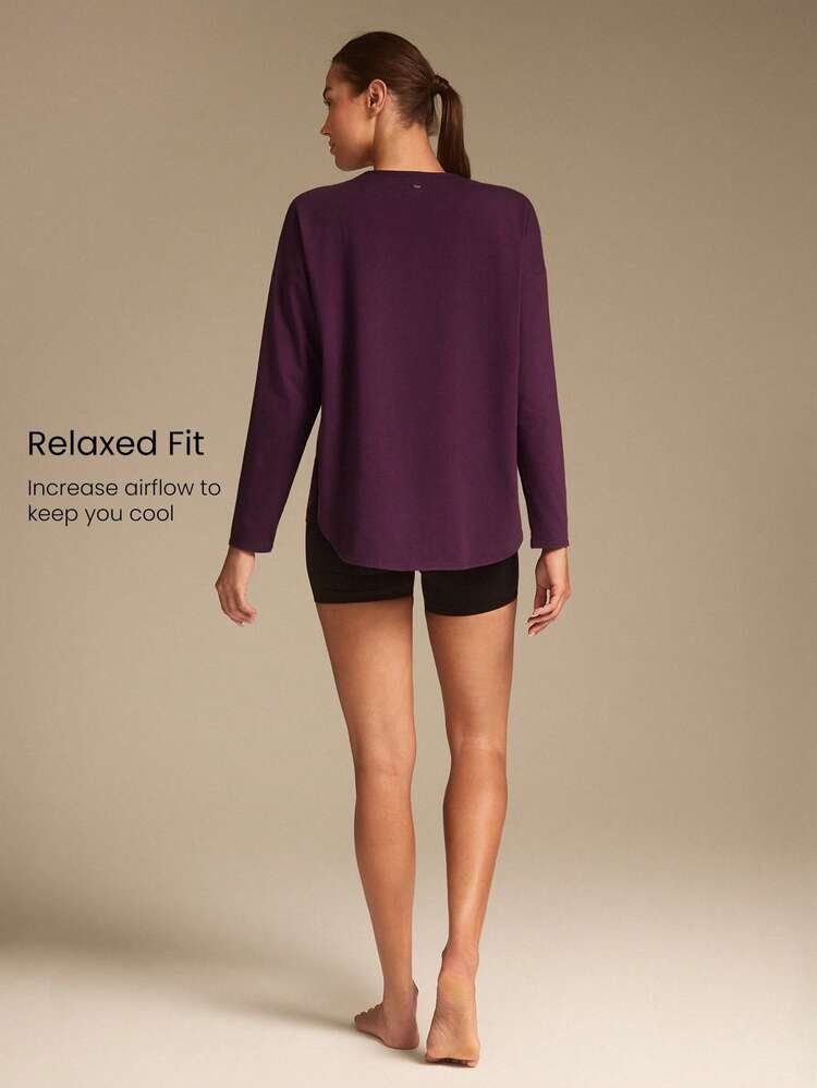Pima Cotton Oversized Long Sleeve Curved Slit Hem Round Neck Tee Daily Casual  Spring Summer